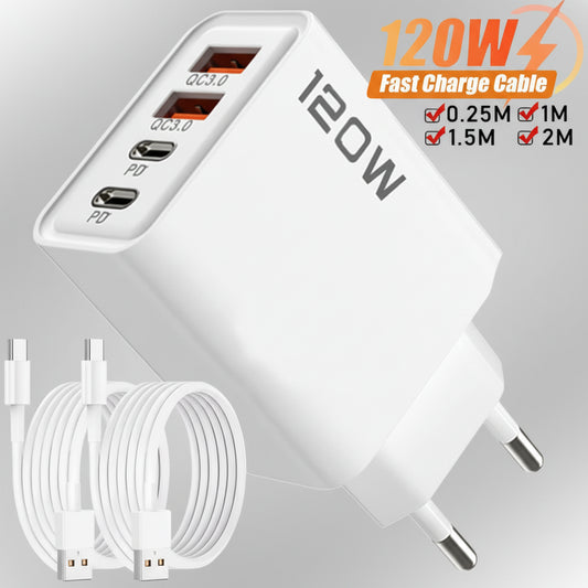 120W power adapter with multiple USB ports and cables on a white background
